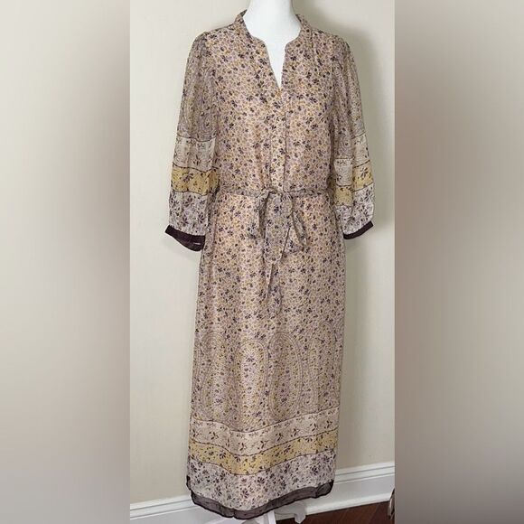 Ann Taylor XL Beige Plum Gold Lurex Paisley Floral Border Balloon Sleeve Dress - Picture 5 of 16